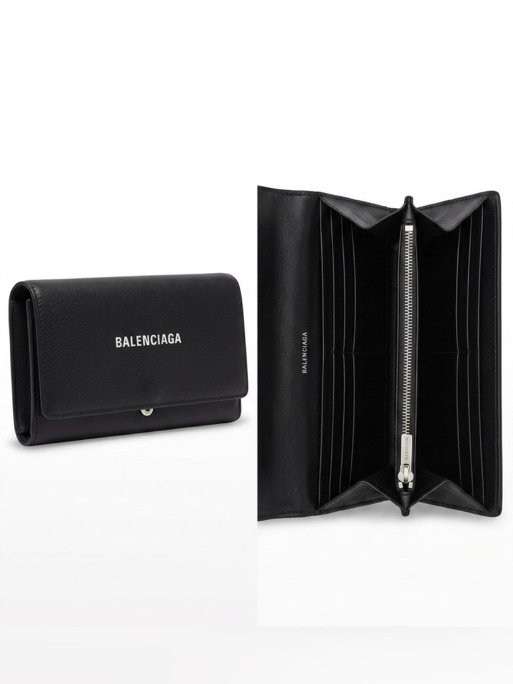 Balenciaga Cash Long Bifold Wallet Black Logo Clutch Grained Calfskin Leather - Picture 2 of 16